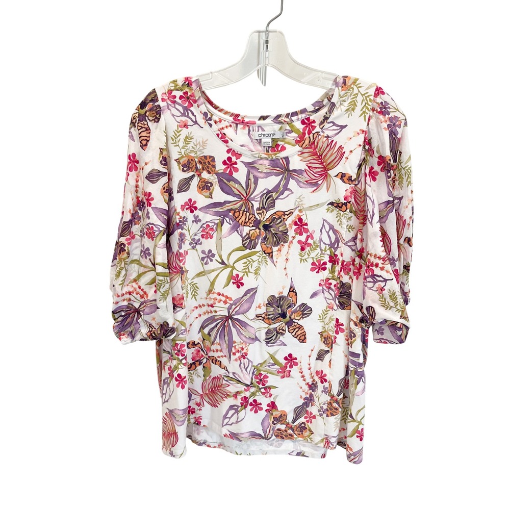 Chico's Floral Puff Sleeve Top White Purple Tropical Cotton Blend Size 3 XL